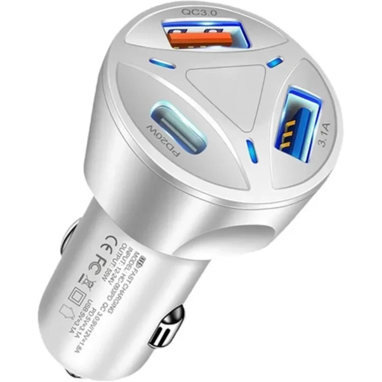 شارژر فندکی ۳ پورت ۵۵ وات فست شارژ QC3 با دو خروجی USB و یک خروجی PD